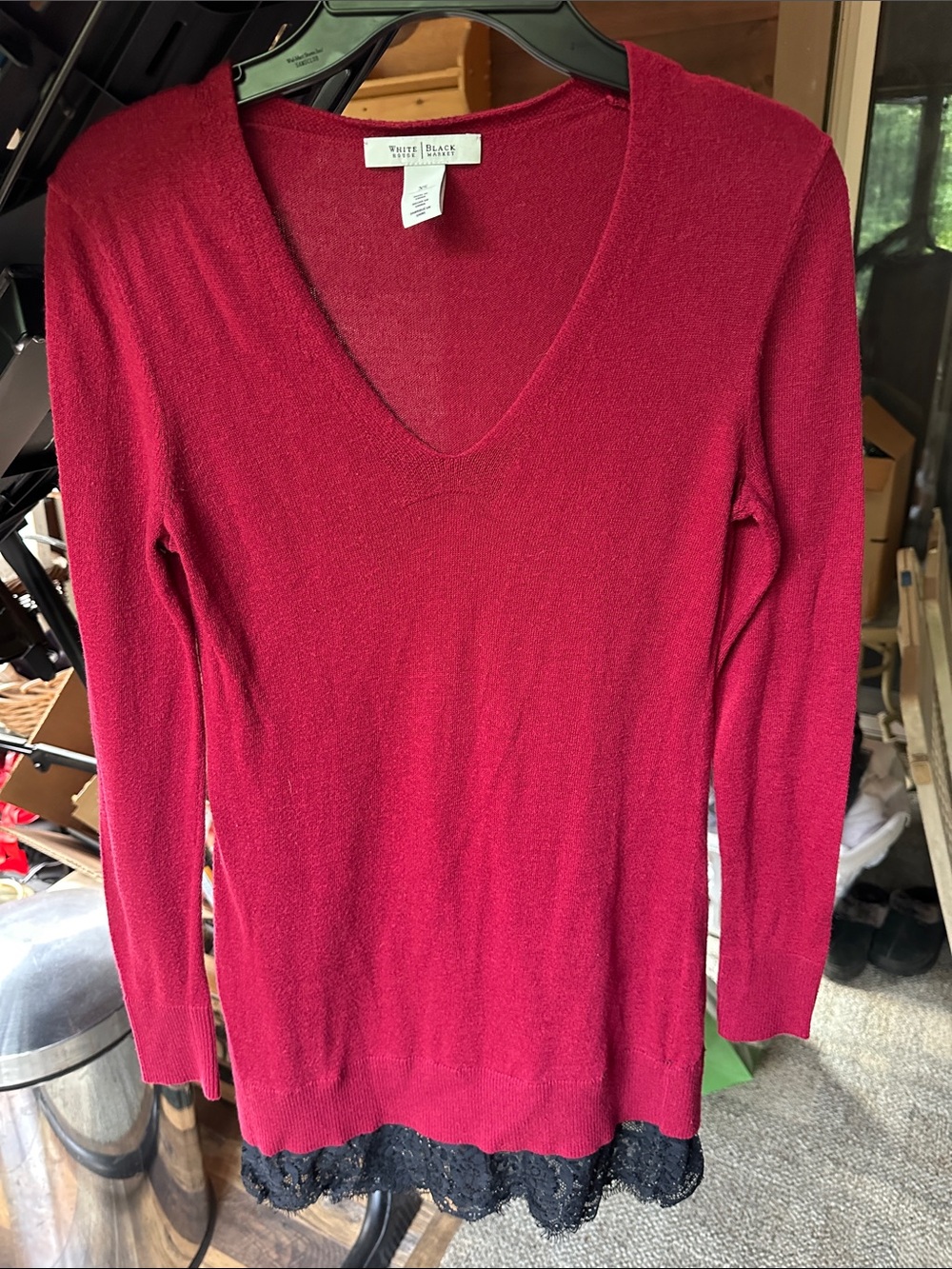 White House Black Market Red V-Neck Sweater with Black Lace Hem